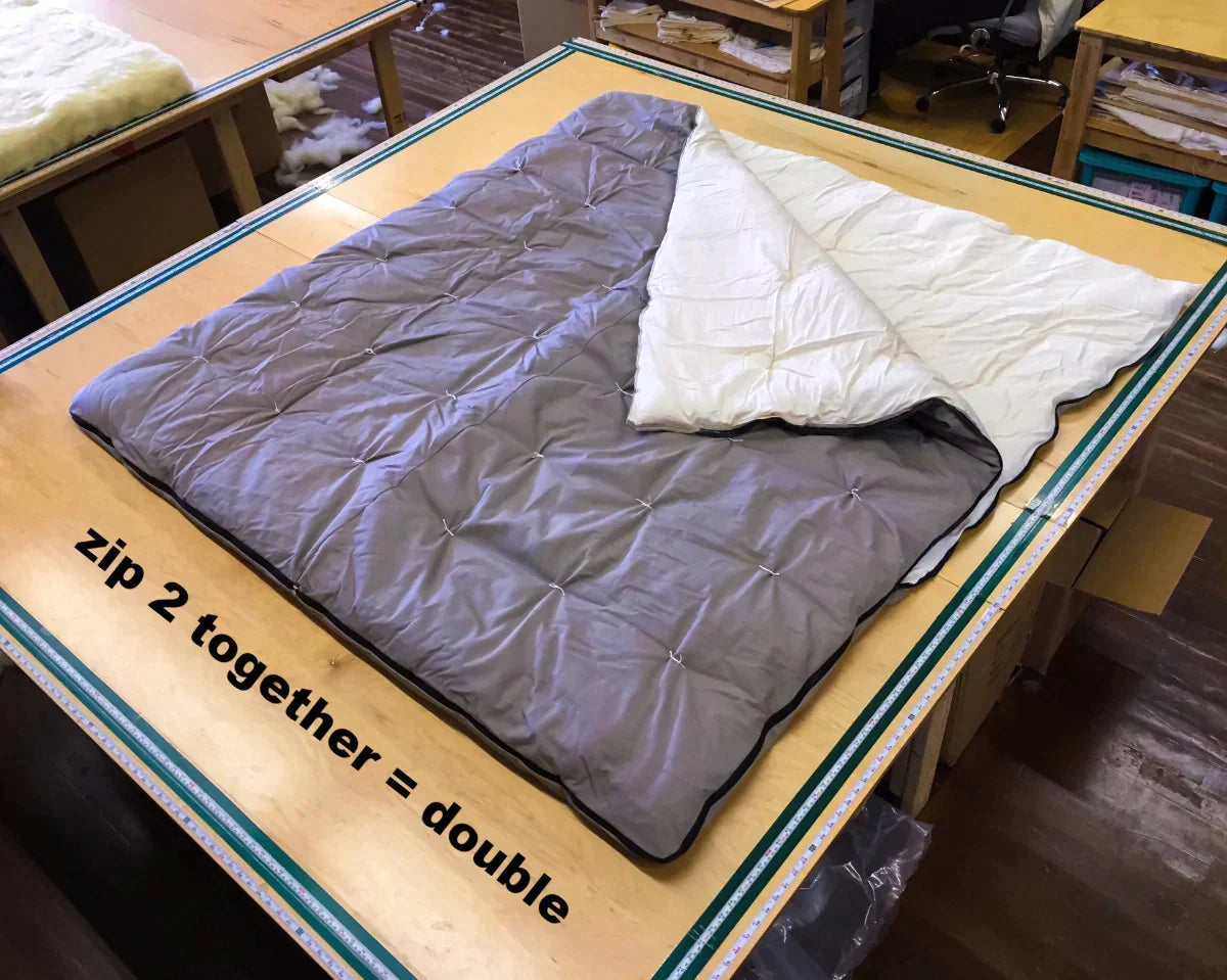 Two wool sleeping bags zipped together
