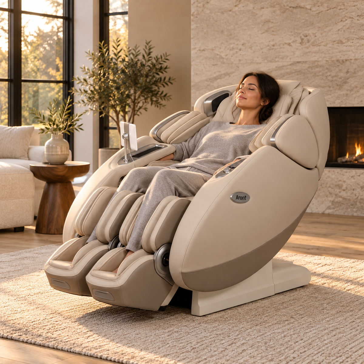 Aront Sentio Max Massage Chair in Beige, in use, reclined