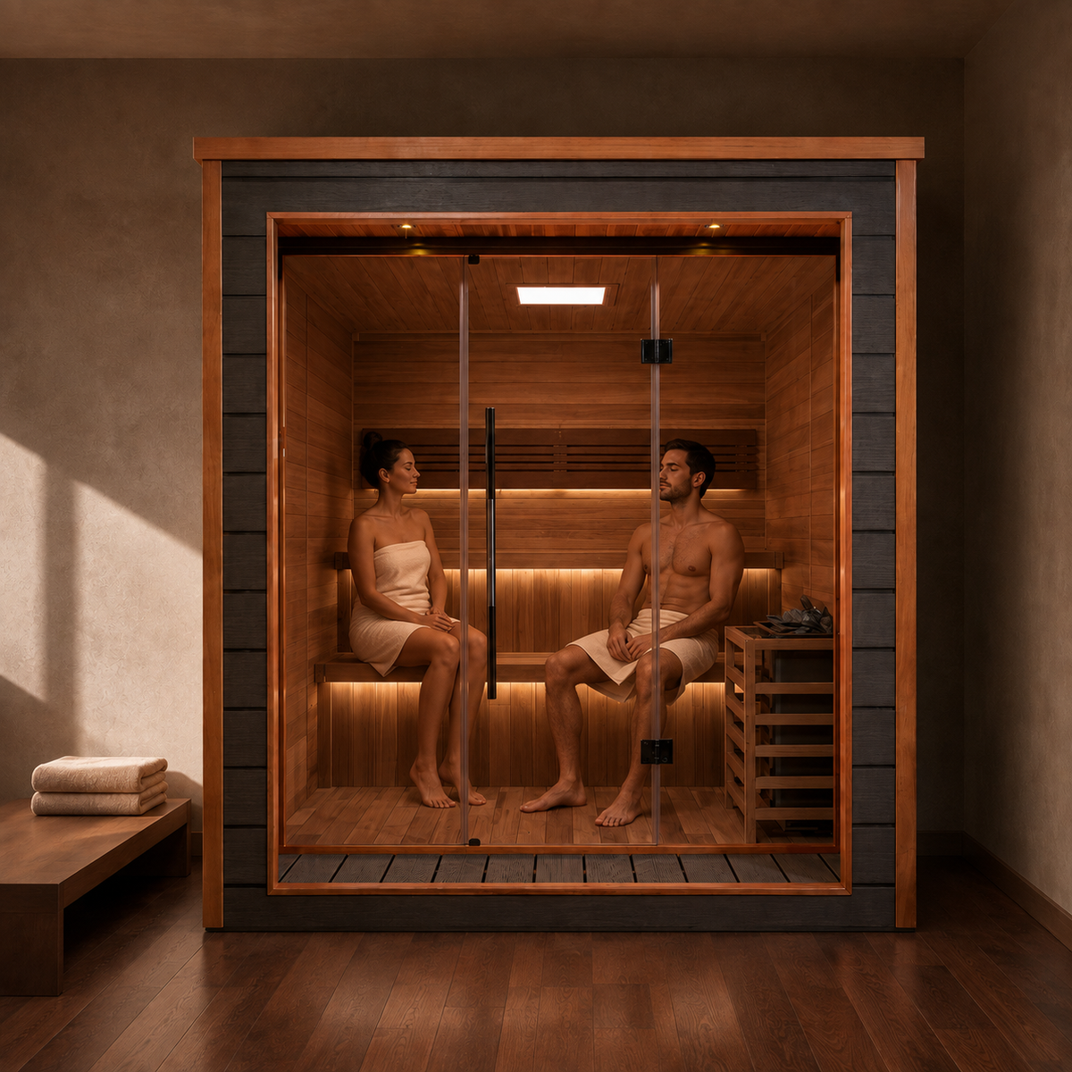 Two people relaxing inside the Golden Designs Bergen 6-person traditional steam sauna