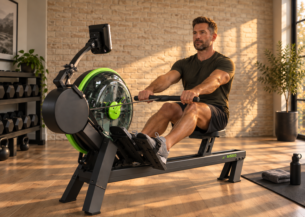 Man rowing on the Dynamic Fluid M550 water rower
