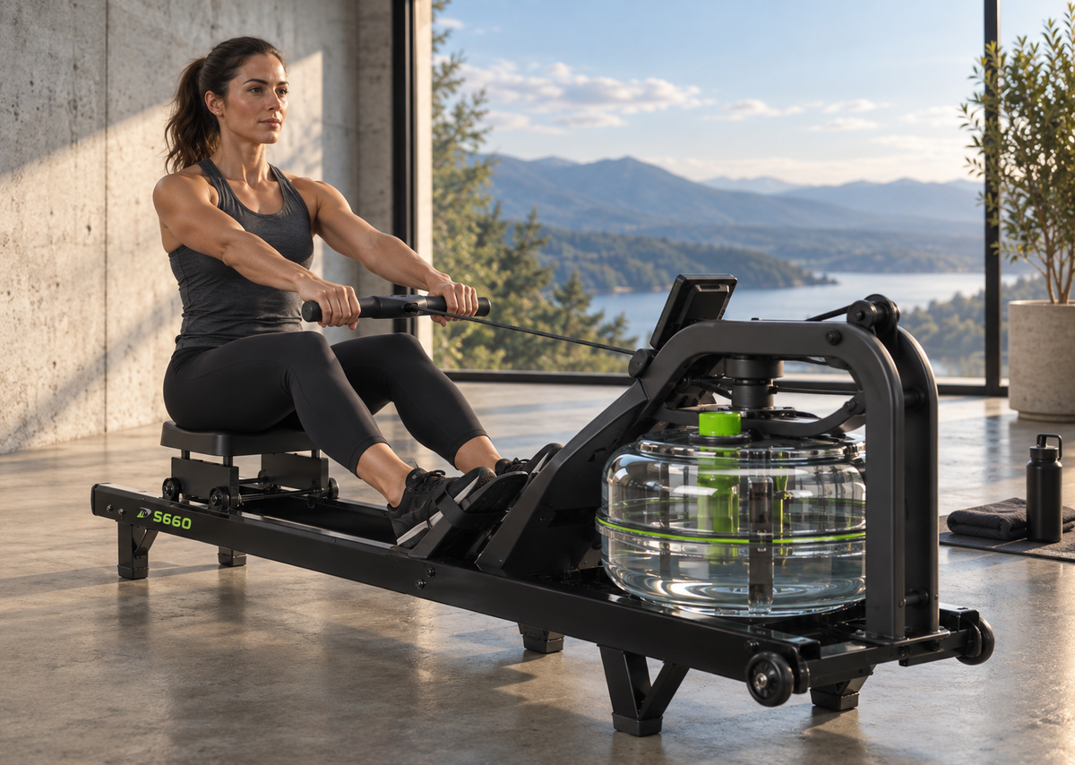 Woman rowing on the Dynamic Fluid S660 Forge water rower