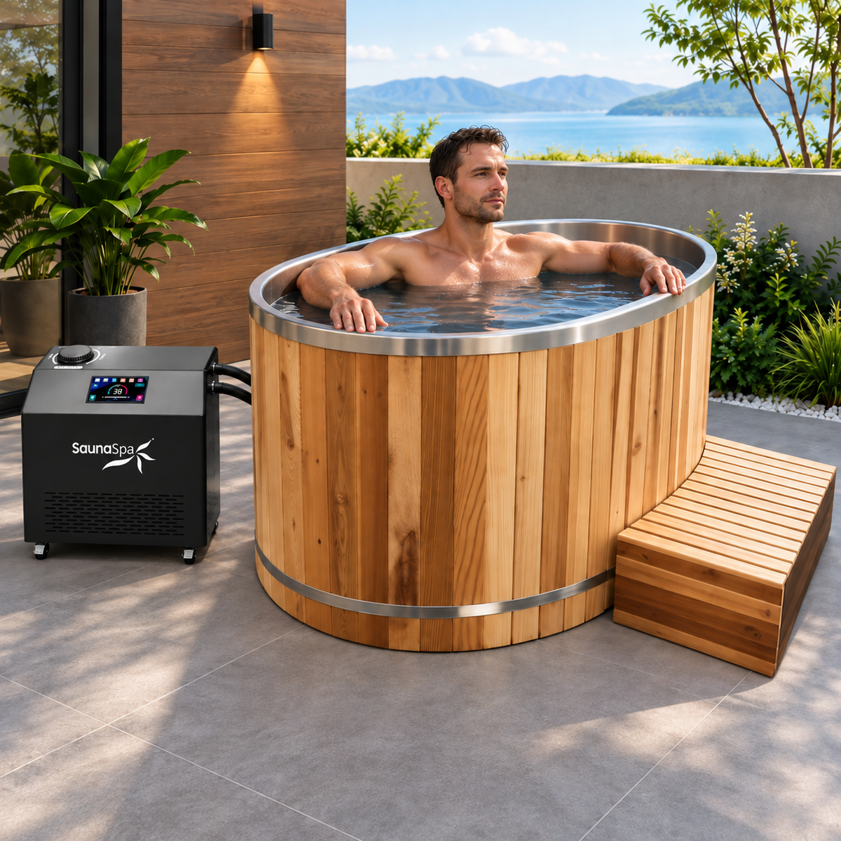 K-Plunge Luxury Cedar Oval Cold Plunge Tub in use, with the Gale chiller on a patio