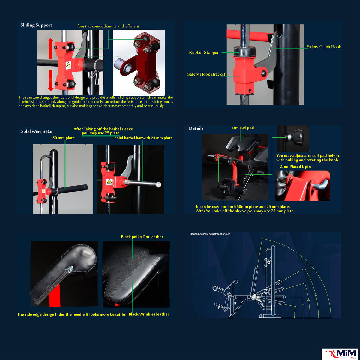 MiM USA Olympic Weight Bench sliding support and safety catch details