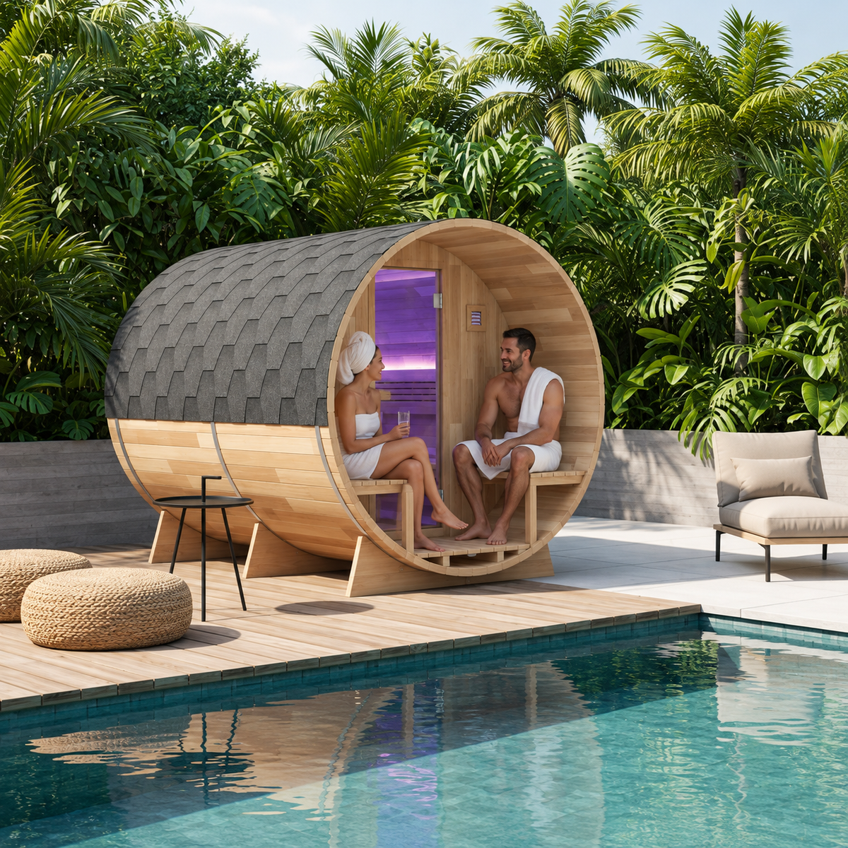 variant-with front porch, two people cooling down on the SaunaSpa barrel sauna porch