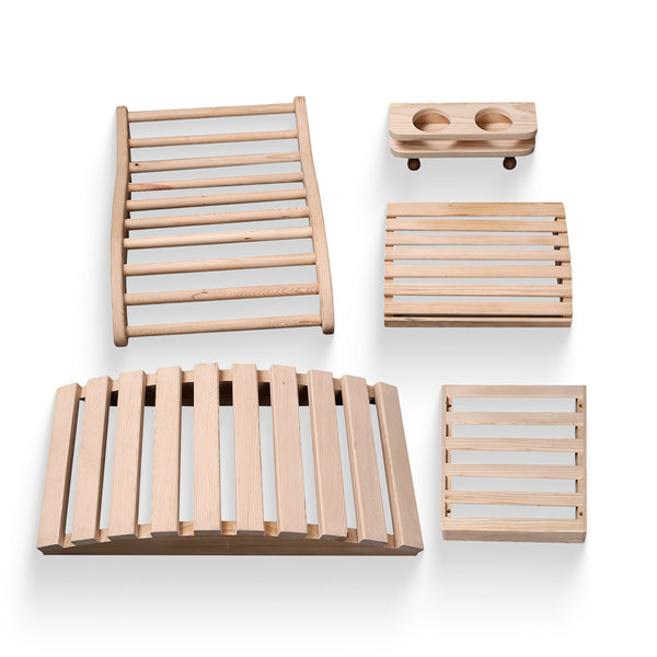 HeatWave Deluxe Sauna Accessory Kit, five hemlock pieces on a white background