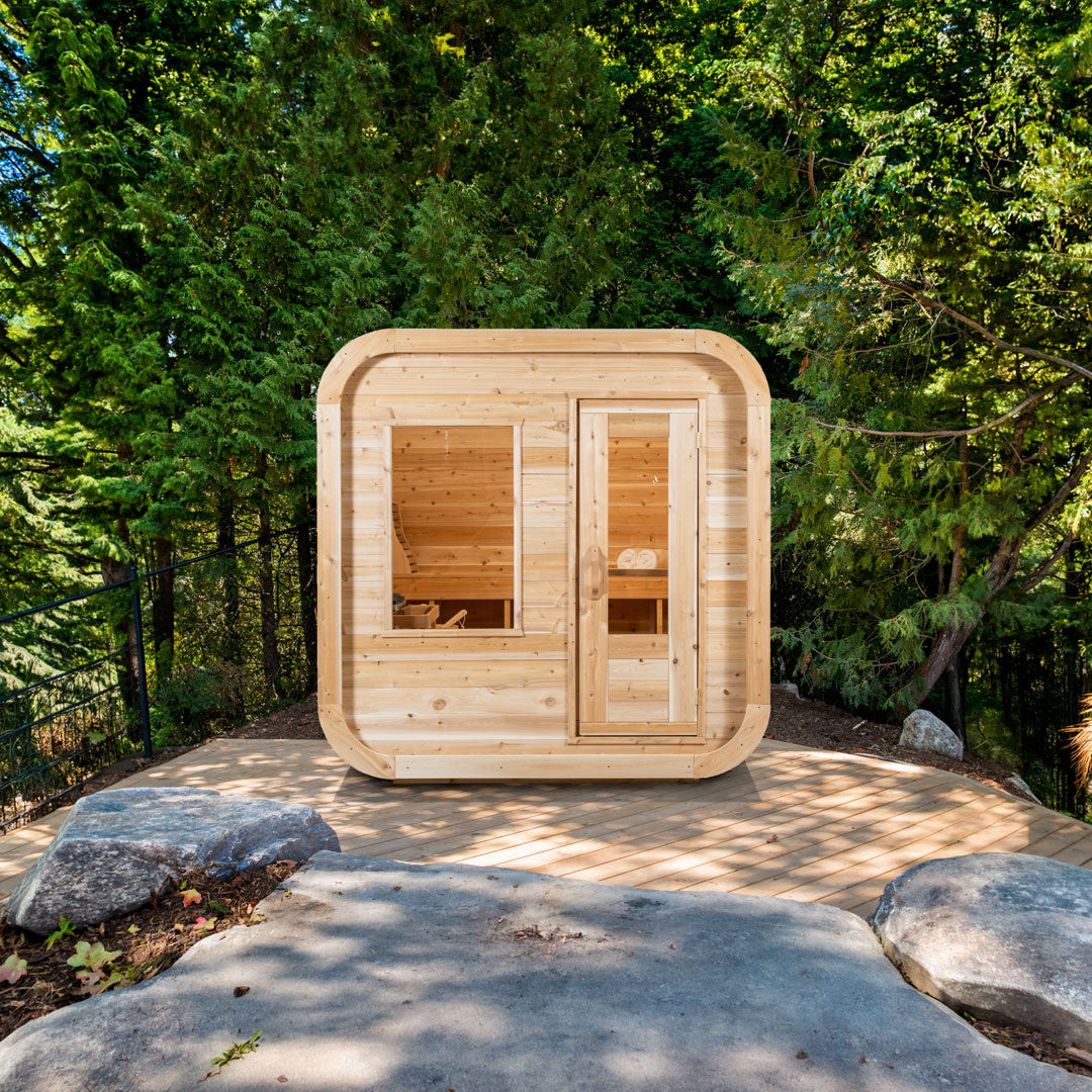 Canadian Timber Luna Sauna in Eastern White Cedar, front elevation on a cedar deck