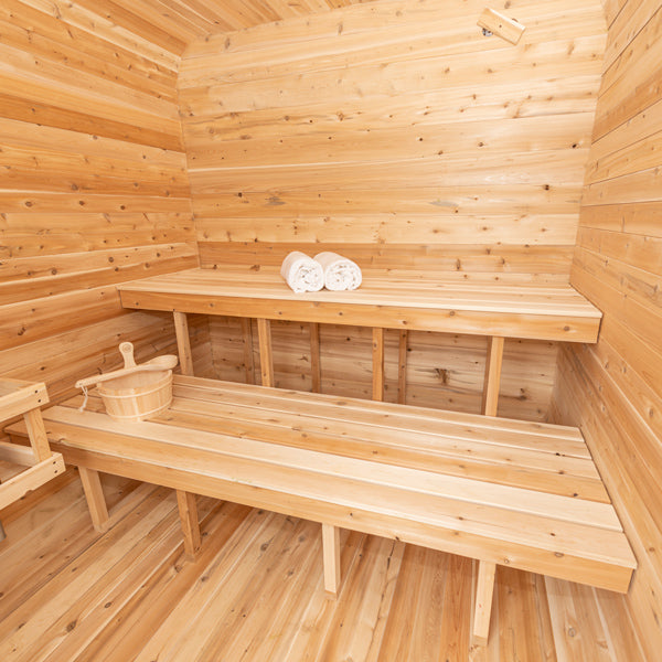Luna Sauna interior showing the two-tier cedar bench layout