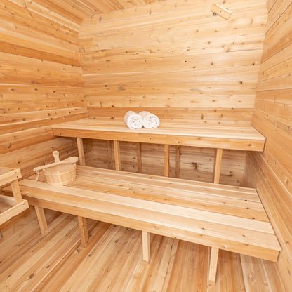 Luna Sauna interior showing the two-tier cedar bench layout