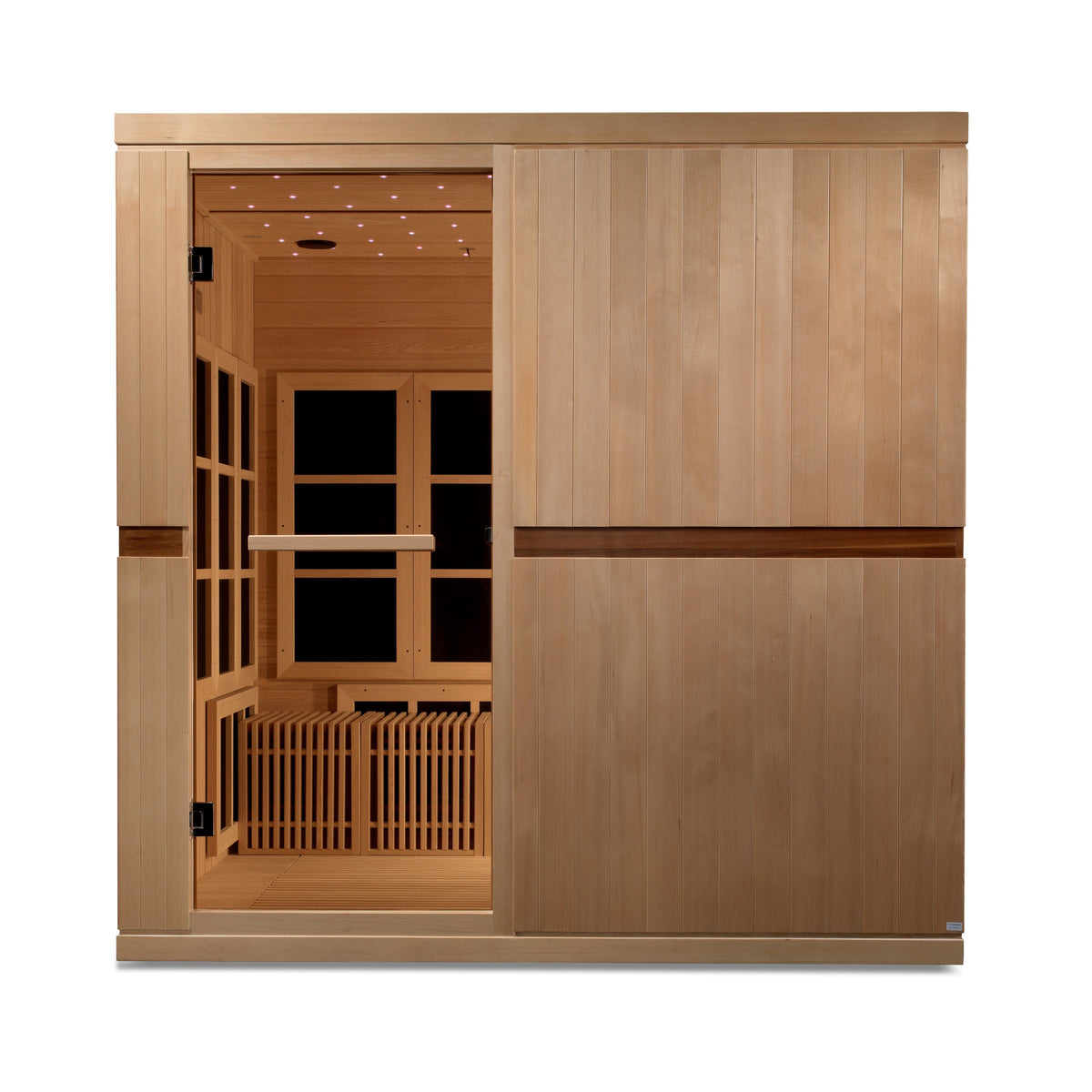 Golden Designs Catalonia 8-person wheelchair accessible far infrared sauna, front view in Canadian hemlock