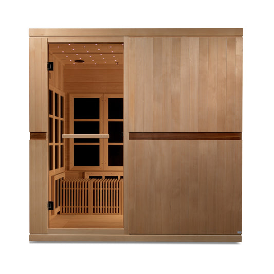 Golden Designs Catalonia 8-person wheelchair accessible far infrared sauna, front view in Canadian hemlock