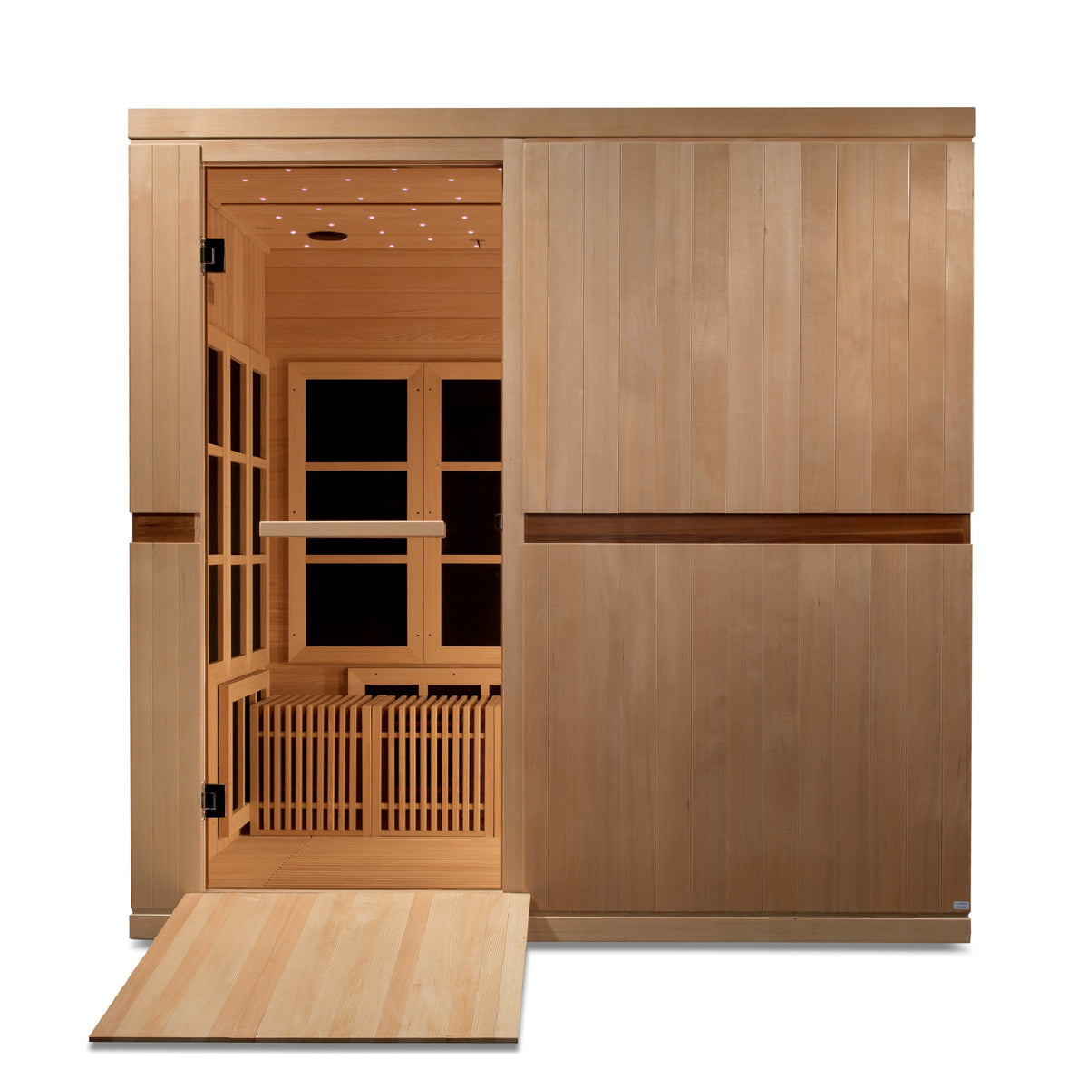 Golden Designs Catalonia 8-person infrared sauna, angled view showing extra wide bronze glass door