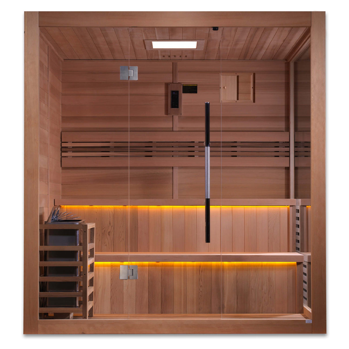 Golden Designs Kuusamo 6-person traditional indoor sauna, front view with clear tempered glass door