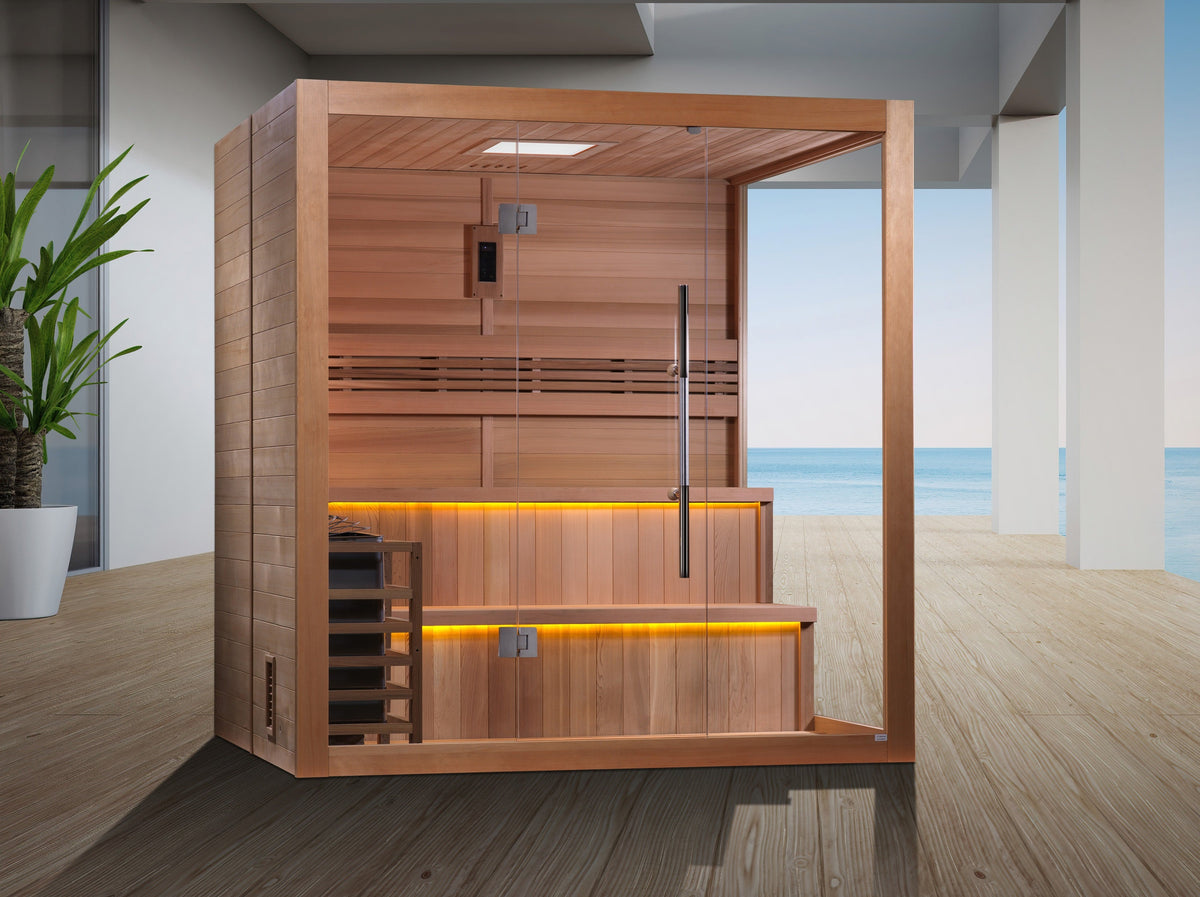 Golden Designs Kuusamo 6-person traditional sauna shown in a room setting