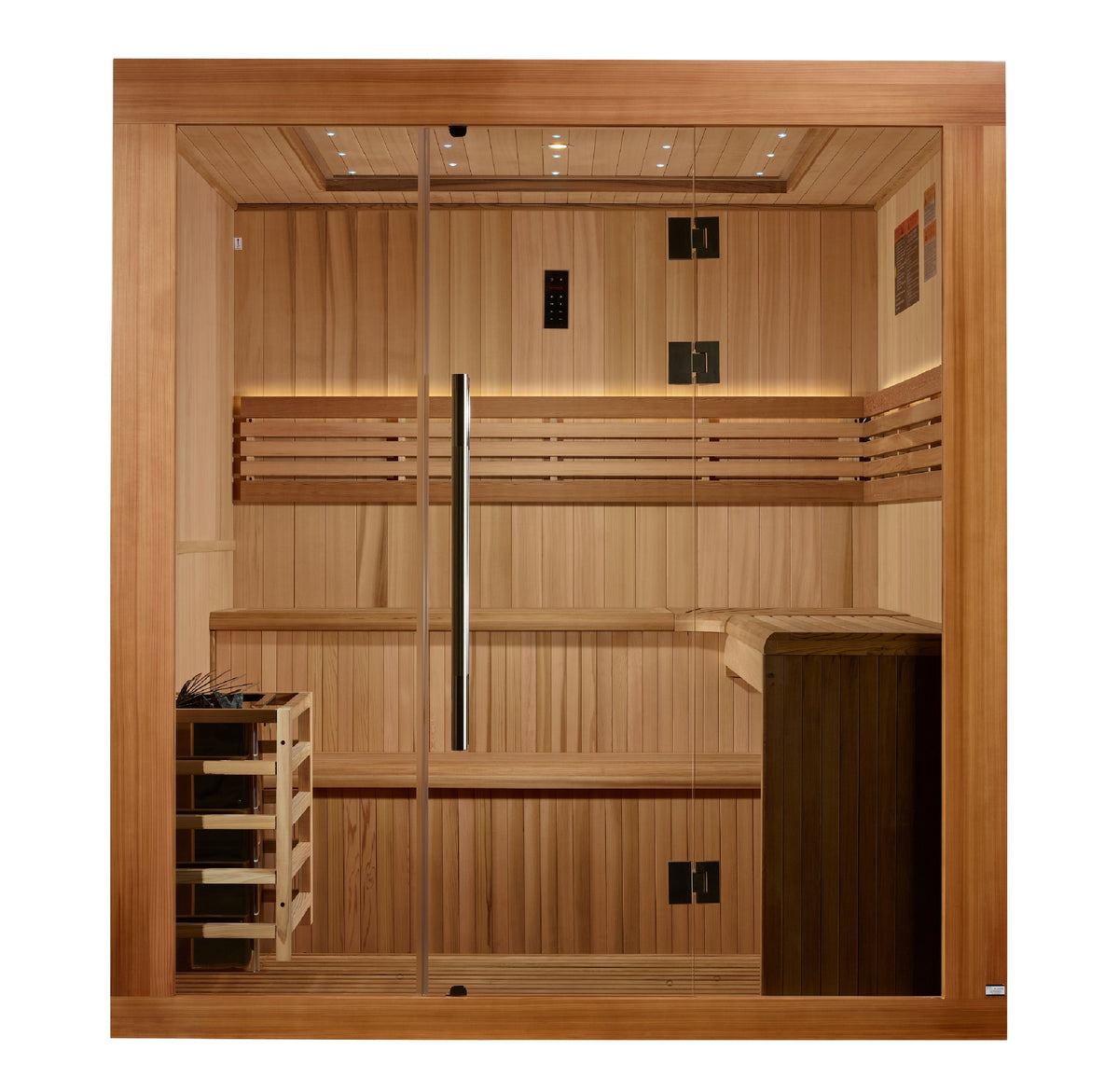 Golden Designs Osla 6-person traditional indoor sauna, front view in Pacific premium clear cedar
