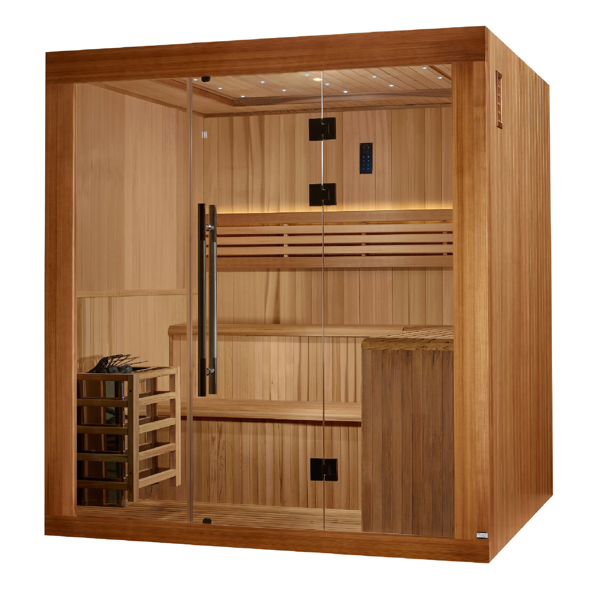 Golden Designs Osla 6-person traditional sauna interior in Canadian red cedar with 8.0 kW stove