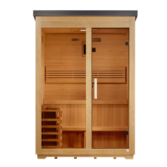 Golden Designs Arlberg 3-person traditional outdoor steam sauna with flat roof, front view in stained Canadian hemlock
