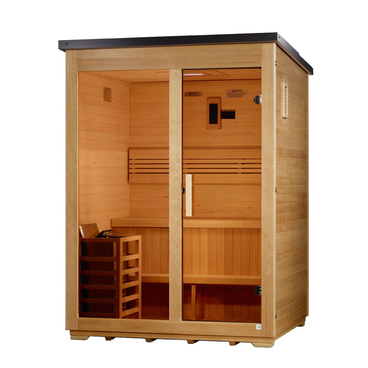 Golden Designs Arlberg 3-person outdoor sauna, left angle view with flat roof profile