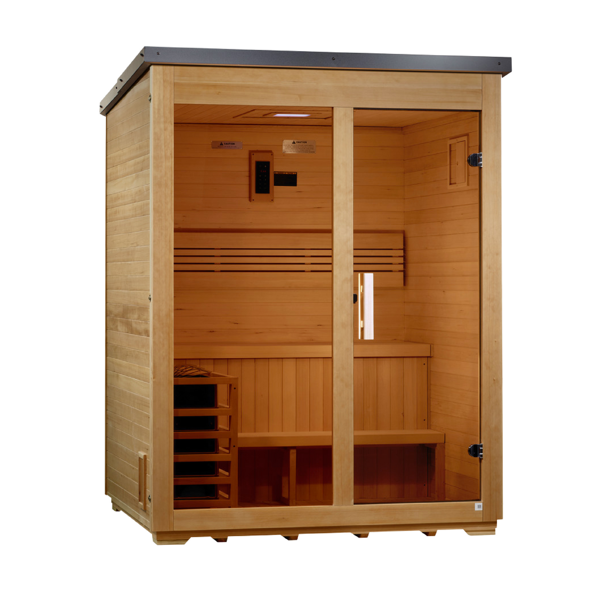 Golden Designs Arlberg 3-person outdoor sauna, right angle view showing bronze privacy glass door