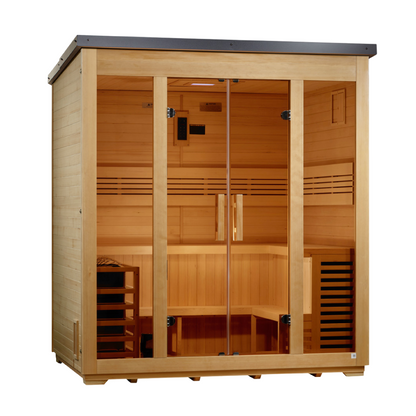 Golden Designs Vorarlberg 5-person traditional flat roof outdoor sauna, three-quarter view in hemlock with black roof