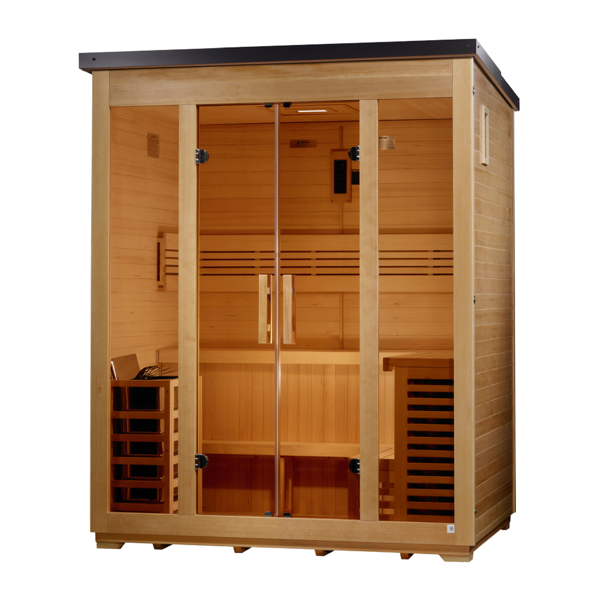 Golden Designs Vorarlberg 5-person flat roof outdoor sauna, opposite three-quarter view