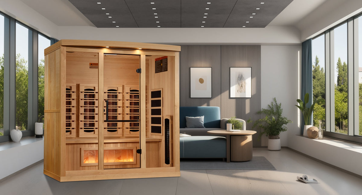 Golden Designs Reserve Edition 4-person infrared sauna shown in a room setting