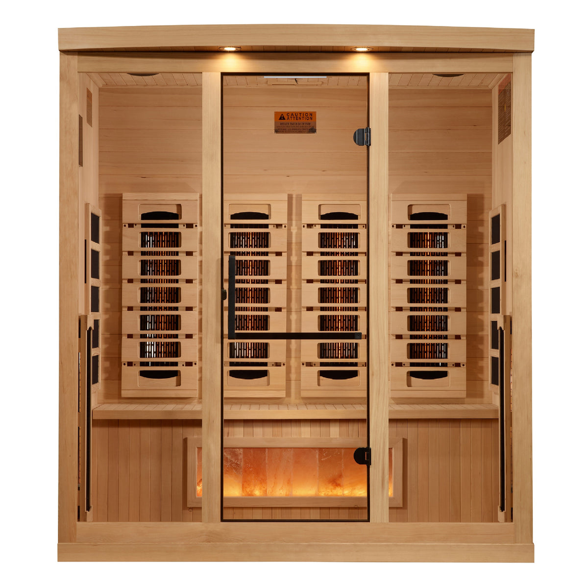 Golden Designs Reserve Edition 4-person full spectrum infrared sauna, front view in Canadian hemlock