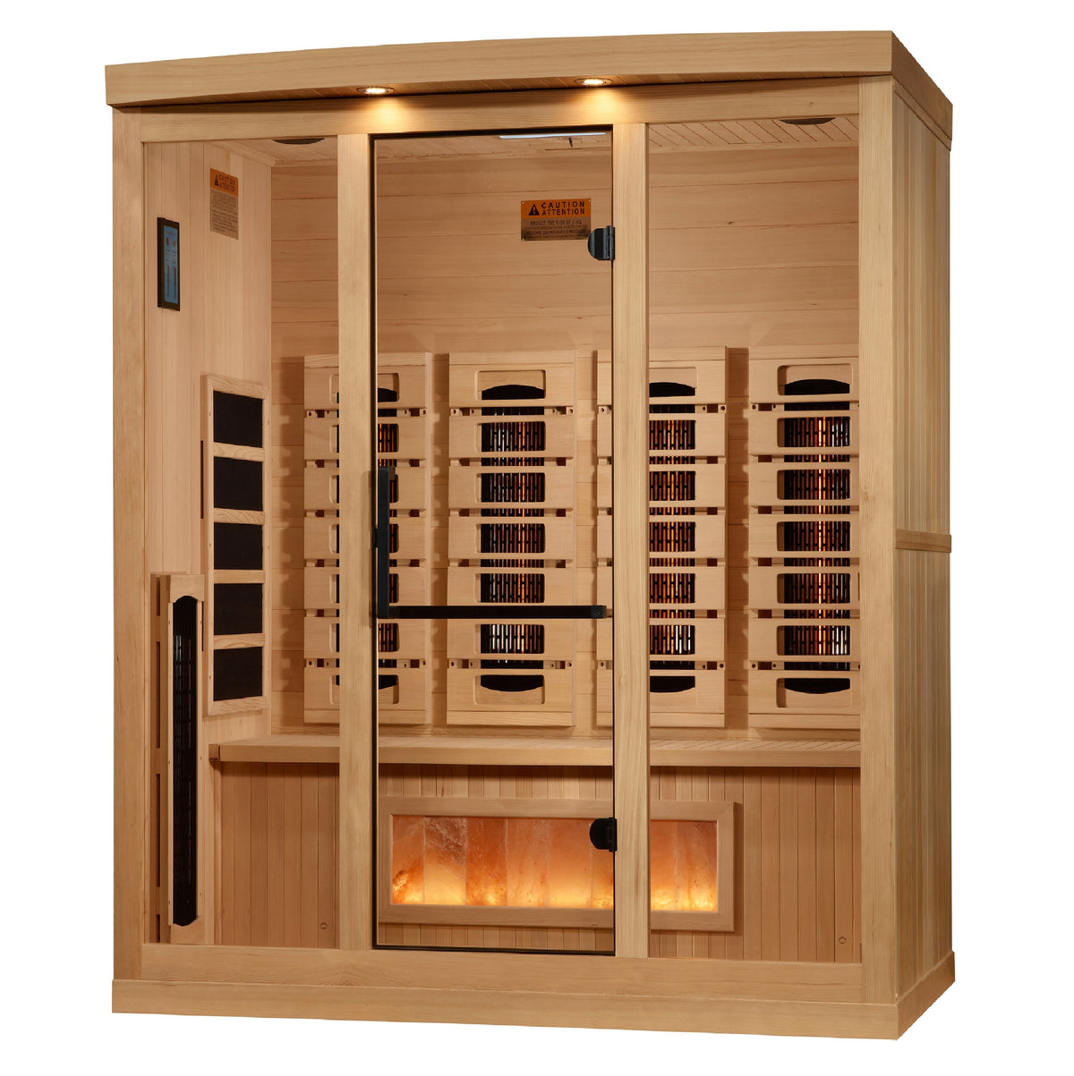 Golden Designs Reserve Edition 4-person sauna, angled view with bronze privacy glass and black door handle