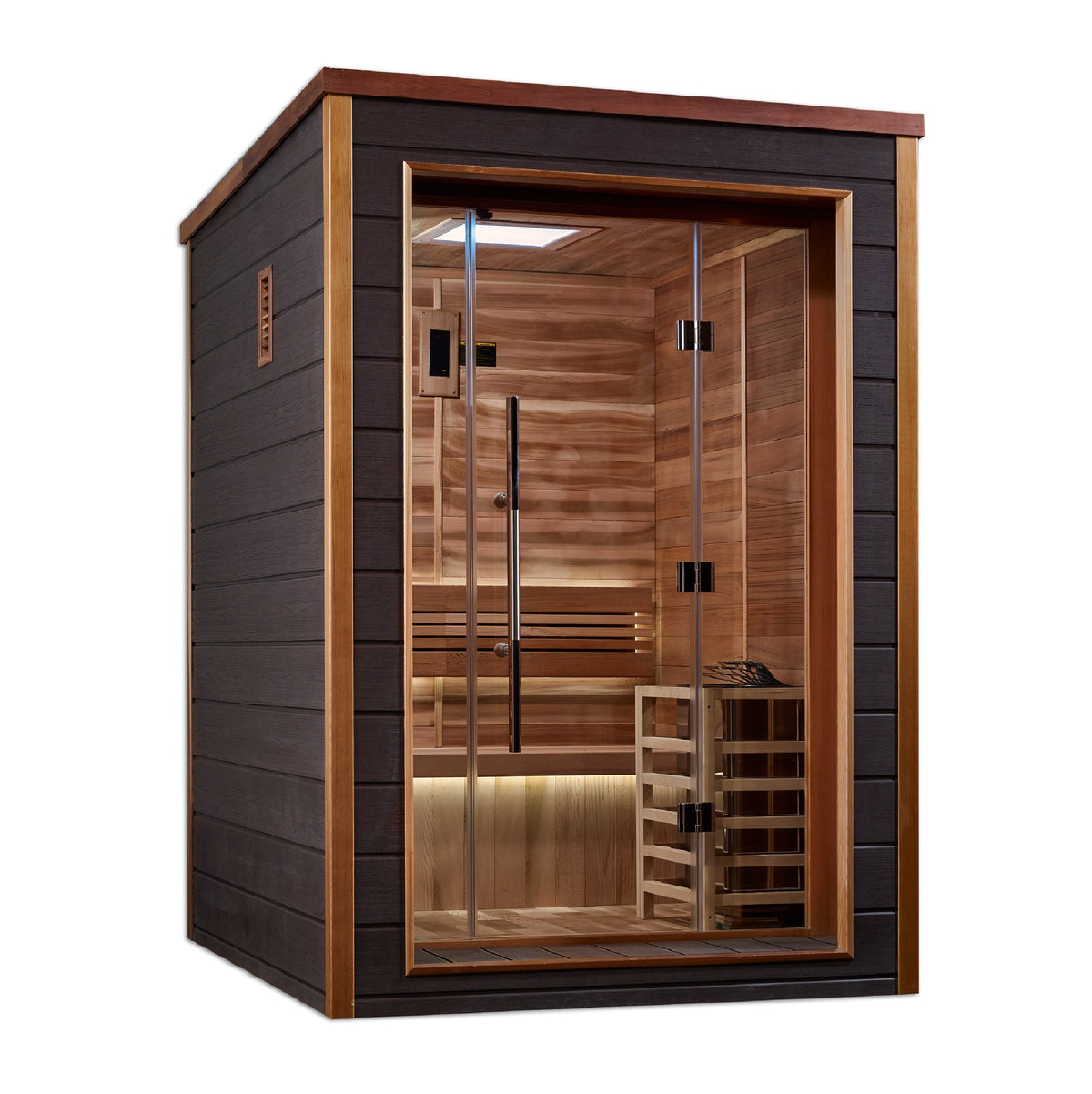 Golden Designs Narvik 2-person traditional steam sauna, front three-quarter view showing cedar interior