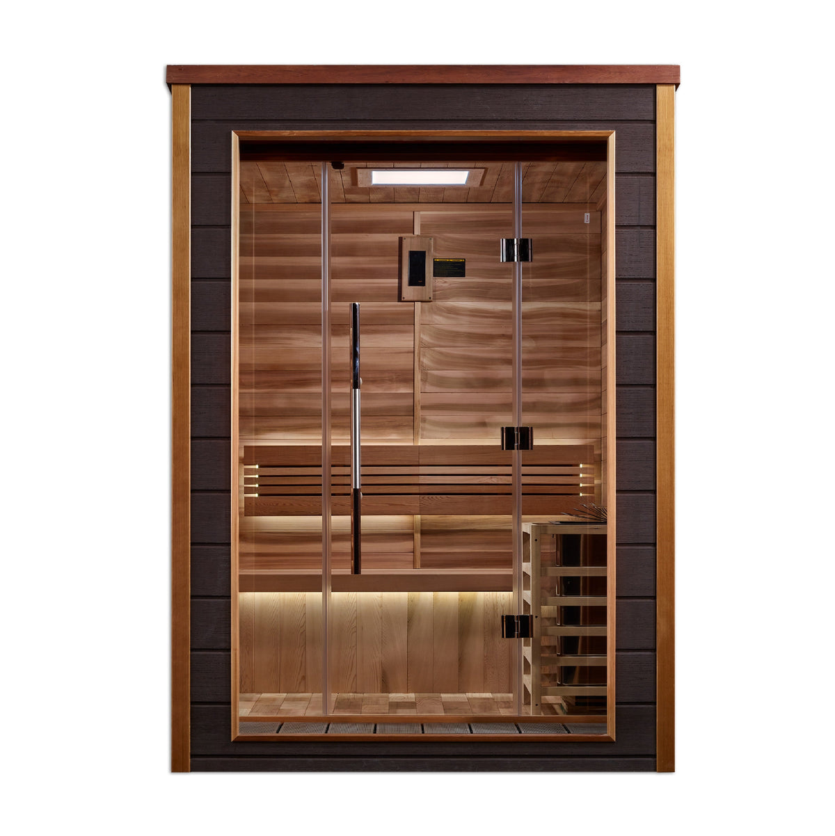 Golden Designs Narvik 2-person traditional steam sauna, front view showing cedar interior and heater