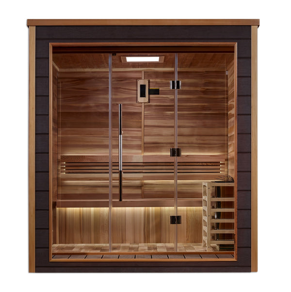 Golden Designs Drammen 3-person traditional steam sauna, front view showing cedar interior and bench