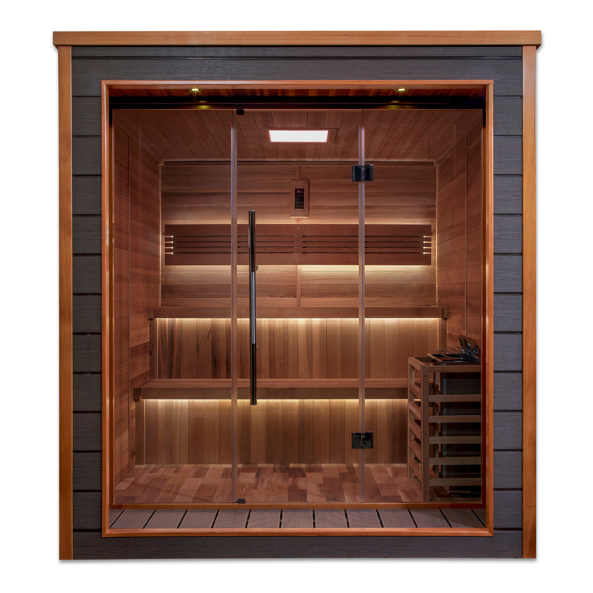Golden Designs Bergen 6-person traditional steam sauna, front view showing cedar interior and two tier benches
