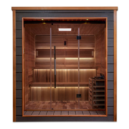 Golden Designs Bergen 6-person traditional steam sauna, front view showing cedar interior and two tier benches