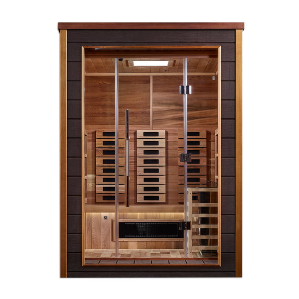 Golden Designs Nora 2-person PureTech hybrid sauna, front view showing cedar interior and infrared panels