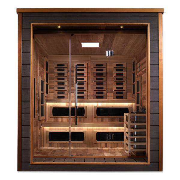 Golden Designs Karlstad 6-Person PureTech hybrid sauna, front view showing cedar interior and infrared panels