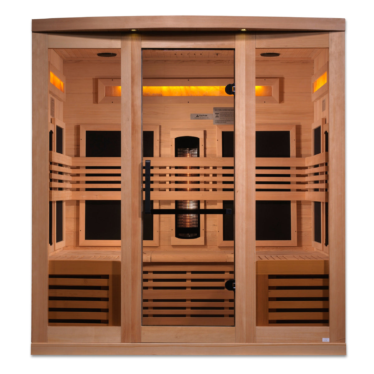 Golden Designs 6-person full spectrum infrared sauna with Himalayan salt bar, front view in Canadian hemlock