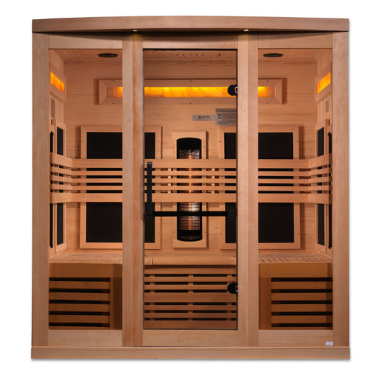 Golden Designs 6-person full spectrum infrared sauna with Himalayan salt bar, front view in Canadian hemlock