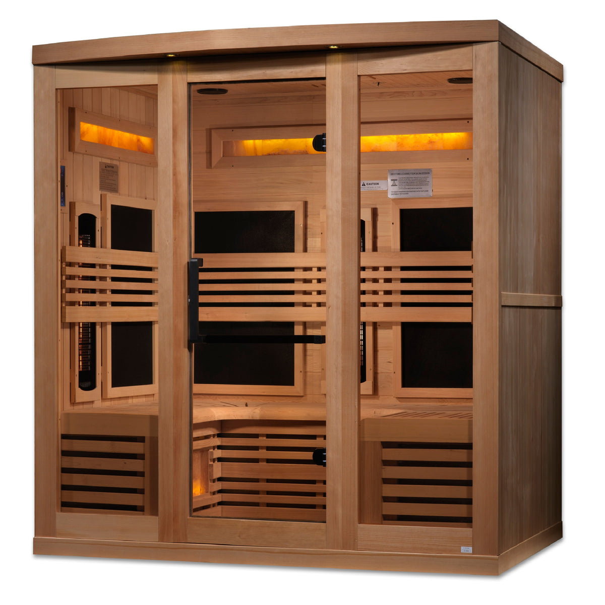 Golden Designs 6-person full spectrum infrared sauna, angled view with bronze privacy glass