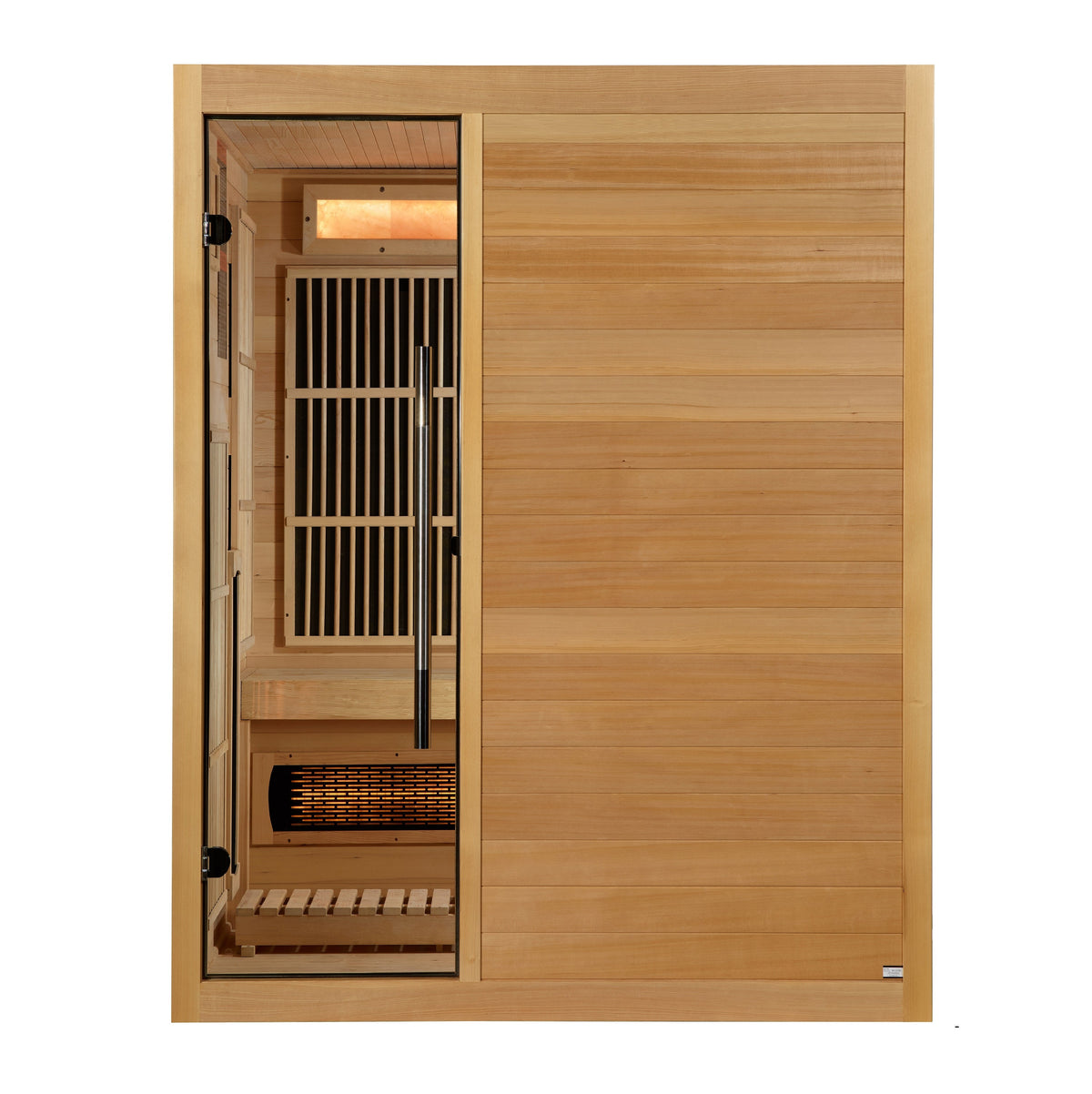 Golden Designs Soria 3-person hybrid indoor sauna, front view in Canadian hemlock