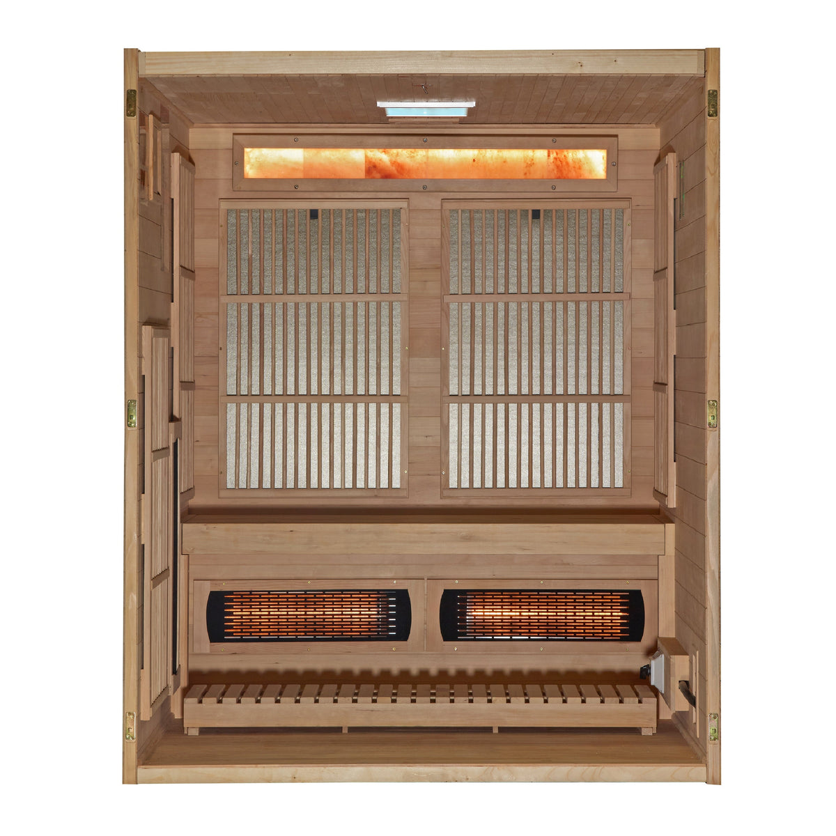 Golden Designs Soria 3-person hybrid sauna, angled view with bronze tinted glass