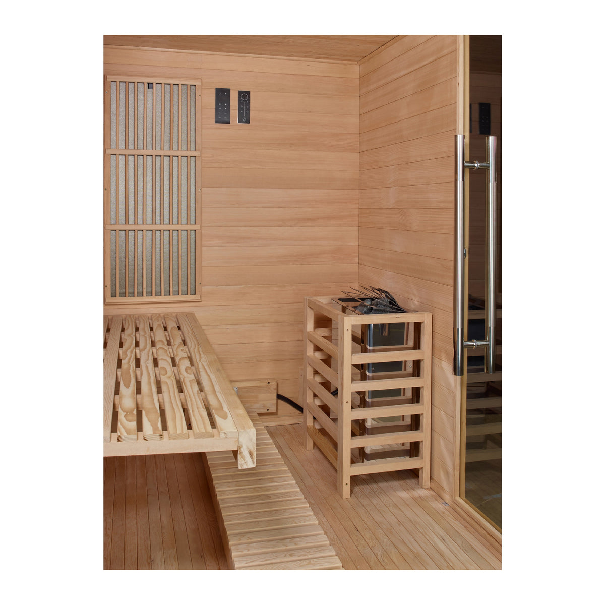 Golden Designs Soria hybrid sauna interior showing the Harvia stove and full spectrum panels