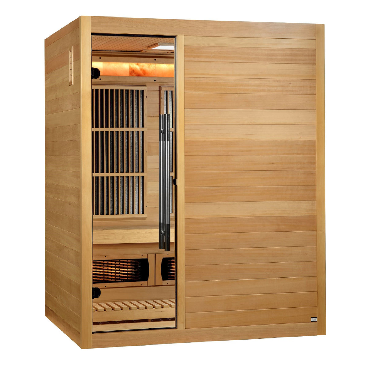 Golden Designs Soria hybrid sauna interior with Himalayan salt bar and chromotherapy lighting