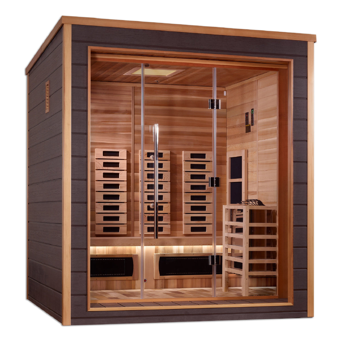Golden Designs Visby 3-person PureTech hybrid sauna, front three-quarter view showing cedar interior and infrared panels