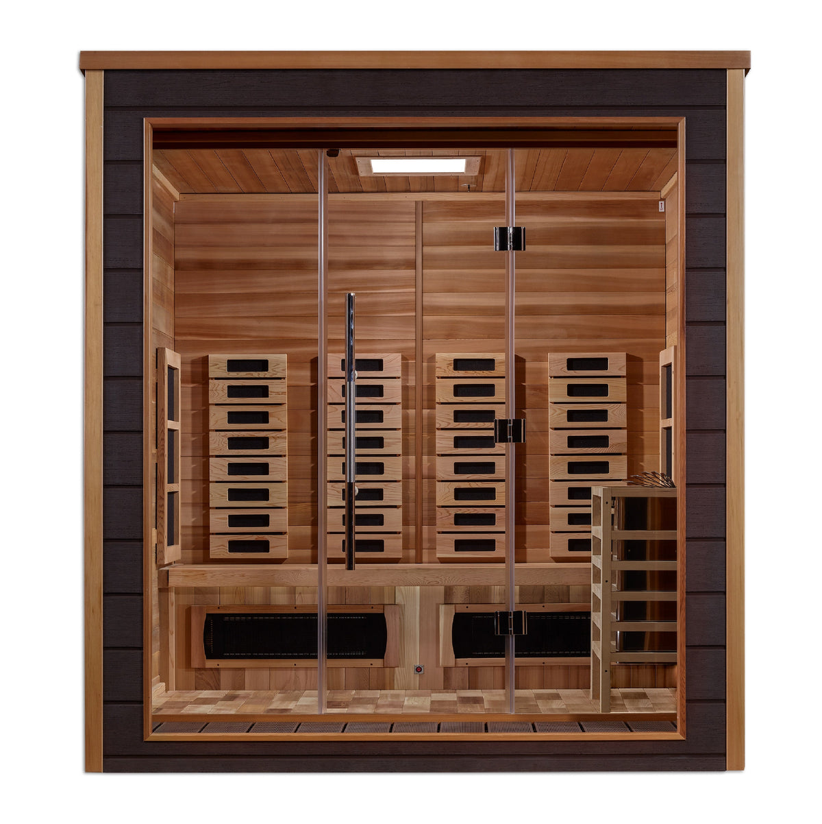 Golden Designs Visby 3-person PureTech hybrid sauna, front view showing cedar interior and infrared panels
