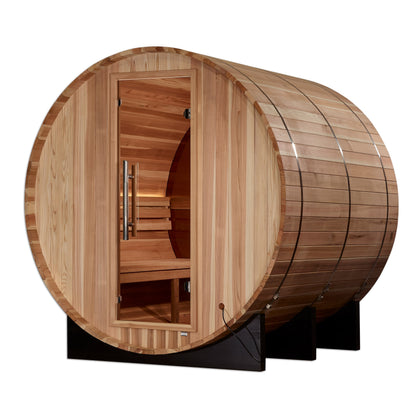 Golden Designs Zurich barrel sauna angle view