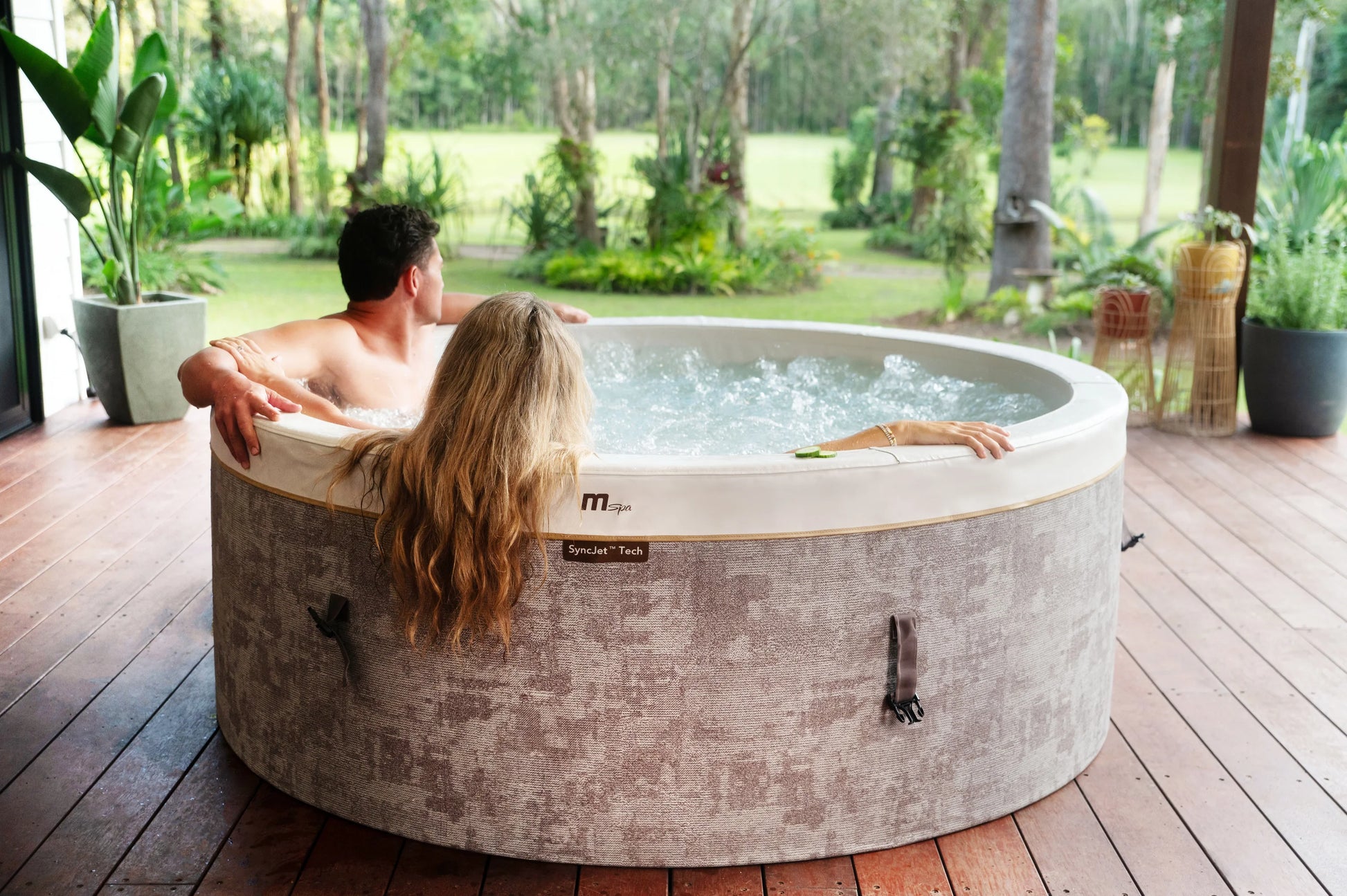MSpa Cocoon hot tub in use on deck