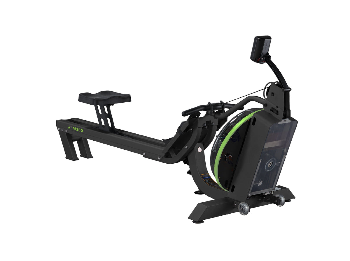 Dynamic Fluid M350 water rower, front three-quarter view