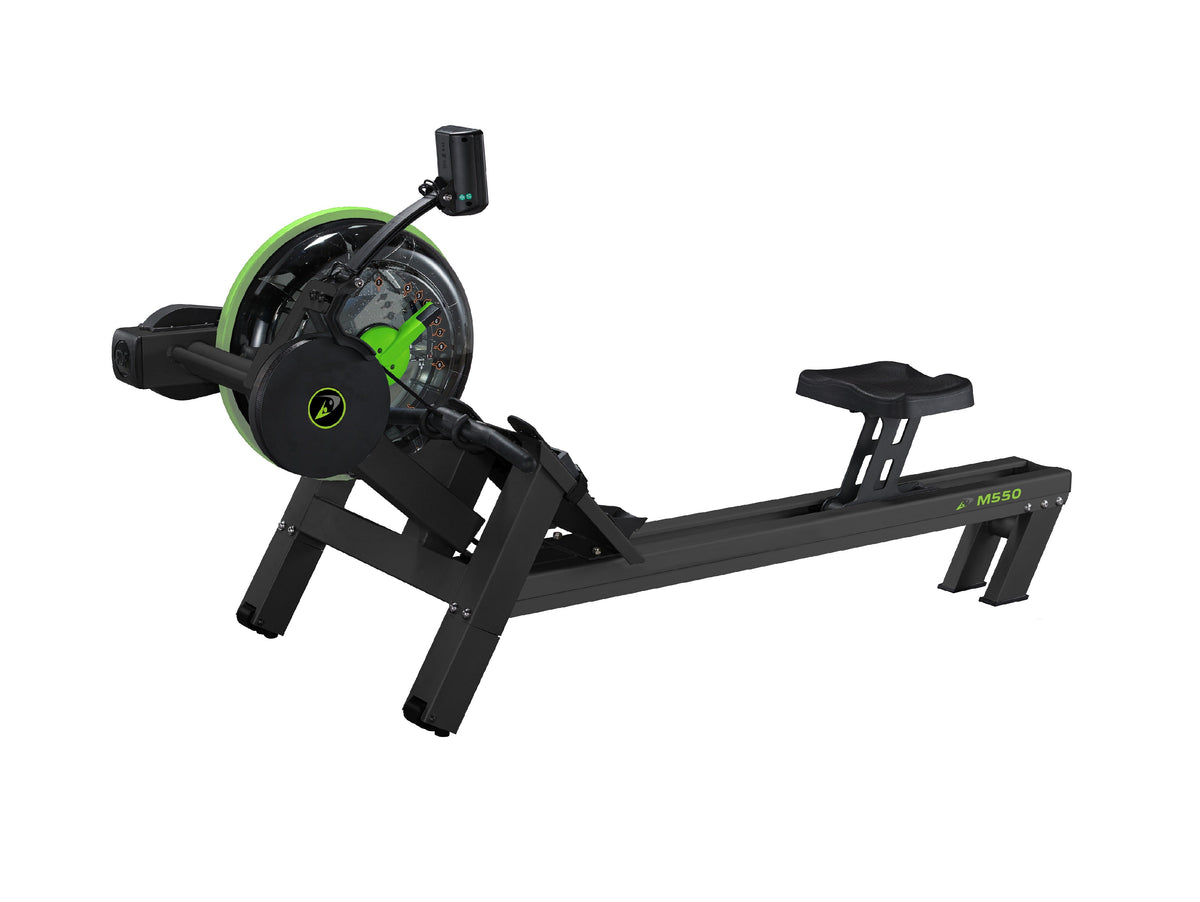 Dynamic Fluid M550 water rower, rear three-quarter view