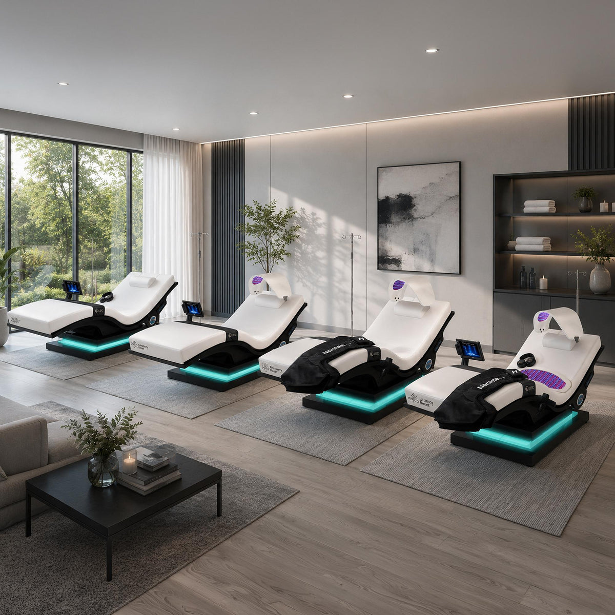 Recovery Reset Lounger among the Reset Touchless Vitality Collection in a wellness room