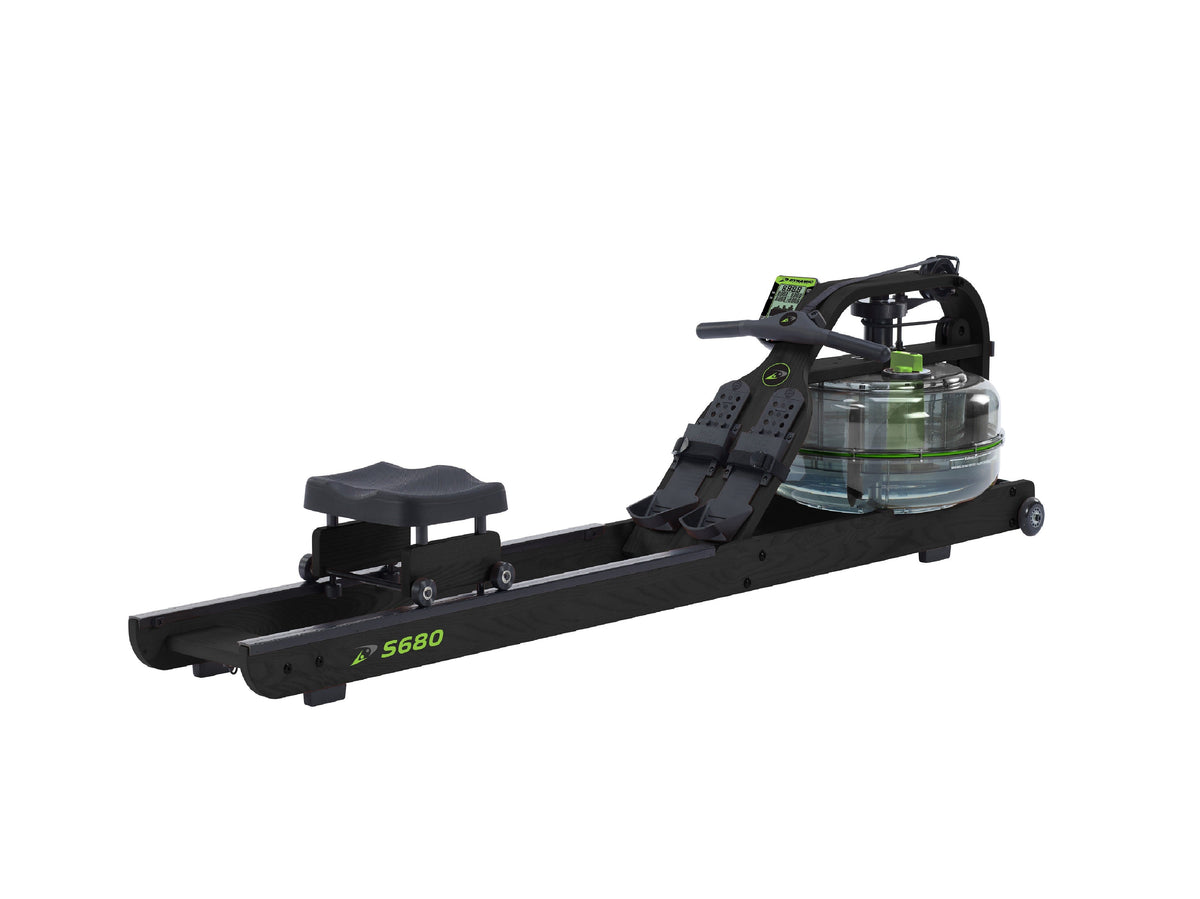Dynamic Fluid S680 water rower in black ash, three-quarter view