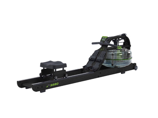 Dynamic Fluid S680 water rower in black ash, three-quarter view